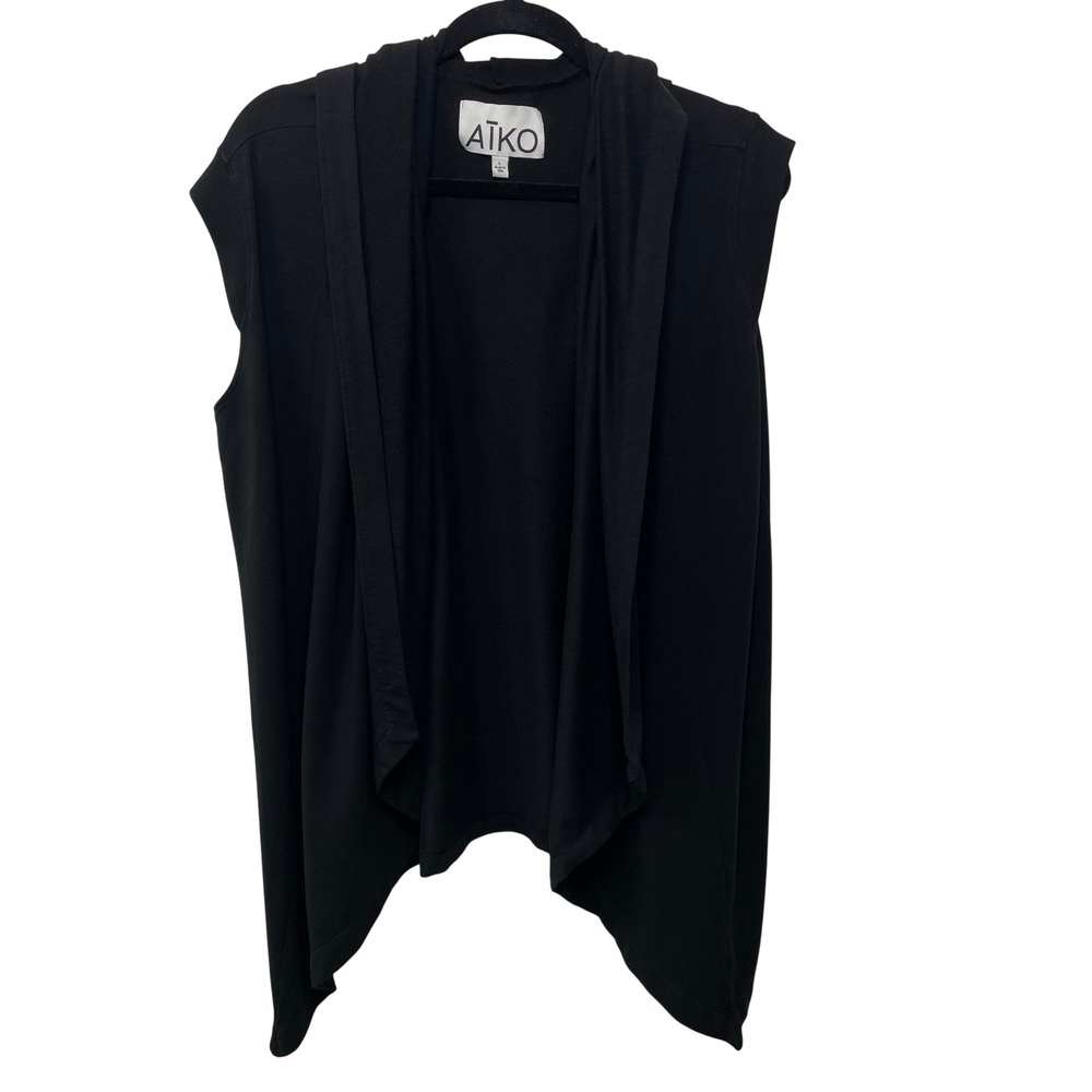 AIKO Black Draped Hooded Vest Cardigan Asymmetrical Hem Size L Made in USA Layer
